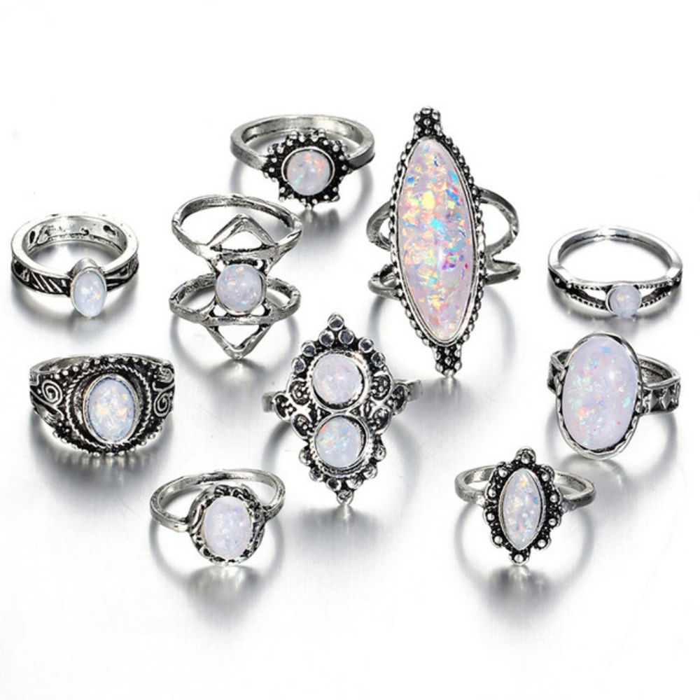 RS9| 10PCS Boho Silver Toned White Stone Ring Set - Picture 1 of 3